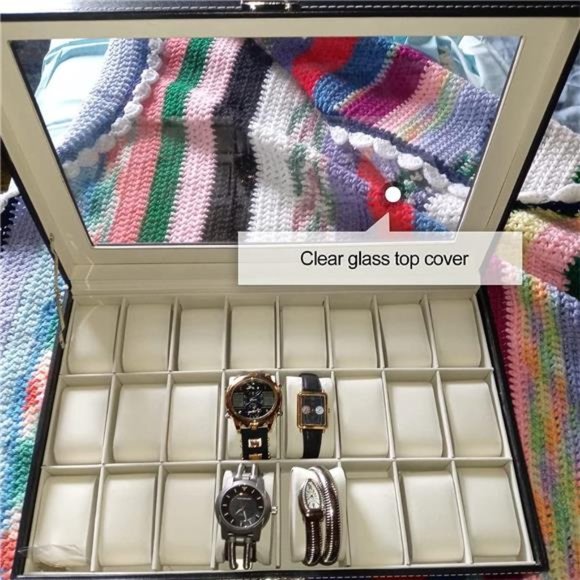 24 Slots Watch Display Case Glass Top, PU Leather Jewelry Case, Removable Pillow - Picture 6 of 6